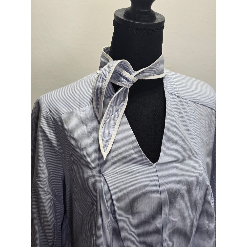 Ro & De Womens Blouse Size Small Blue Stripe Tie Neck Long Sleeve Cotton Top